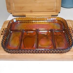 Vintage Carnival Glass Amber Iridescent Large Snack Relish Tray 12"x9" Heavy 4lb